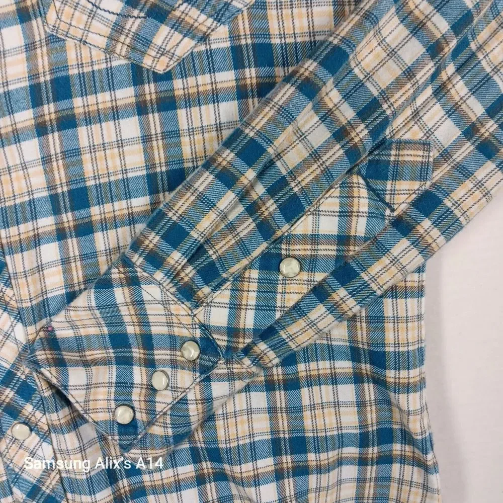 True Religion Men's Western‎ Pearl Snap Plaid Long Sleeve Shirt Horseshoe Medium